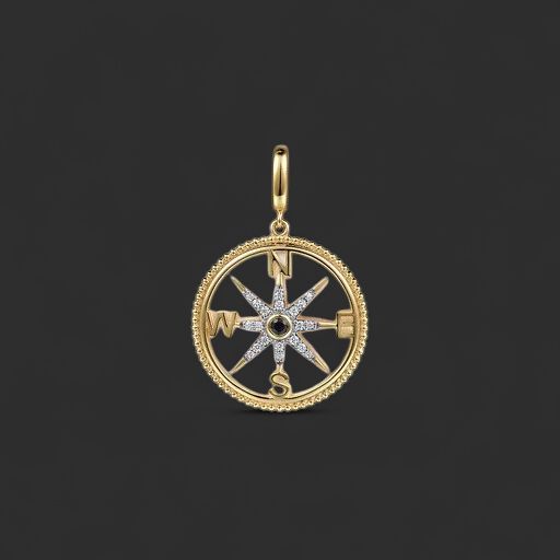 14K Yellow Gold Diamond Blue Sapphire Compass Medallion Pendant With Detachable Bail