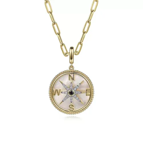 14K Yellow Gold Diamond Blue Sapphire Compass Medallion Pendant With Detachable Bail