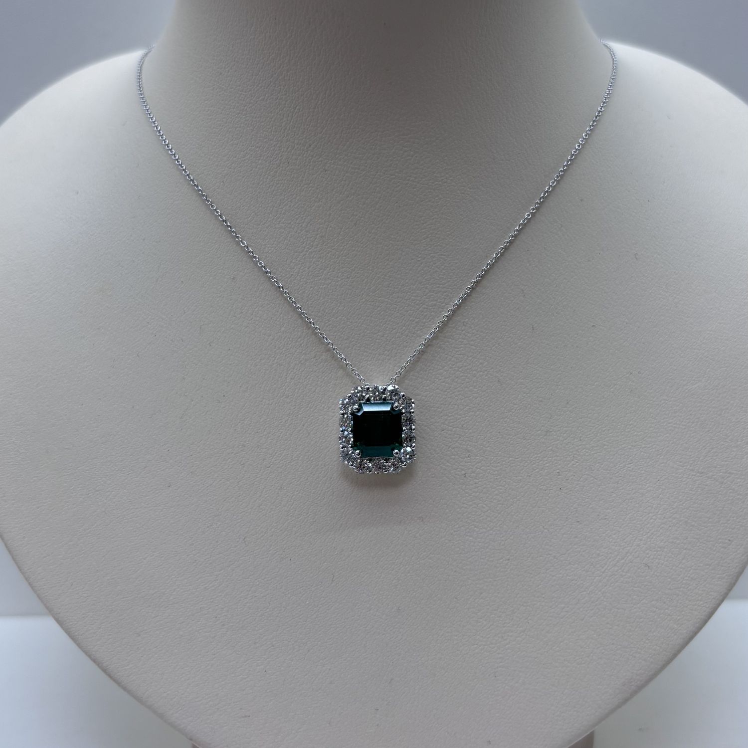 18KY Emerald Cushion Cut w/ Diamonds Necklace David Kord