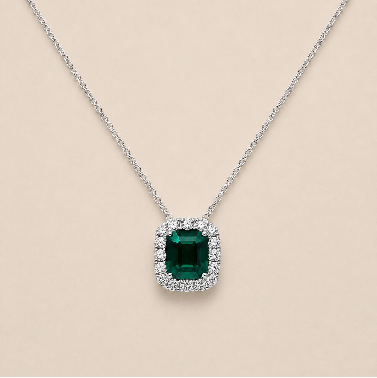 Emerald Cushion Cut Diamond Halo Necklace