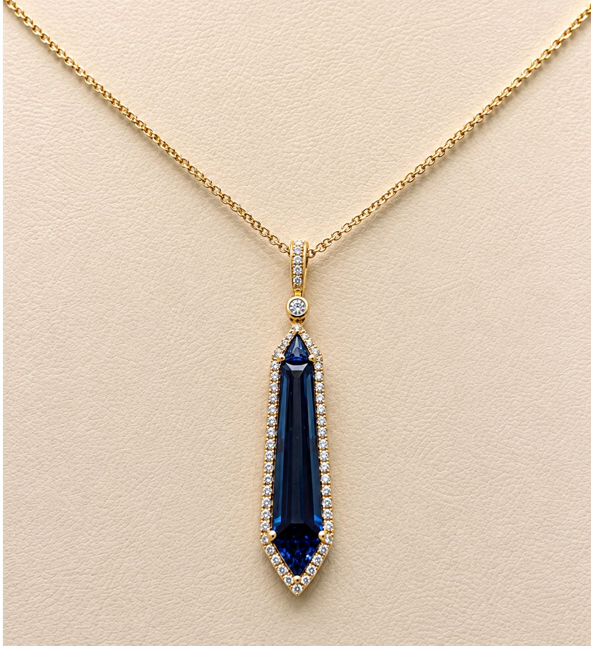 Elongated Blue Topaz Diamond Halo Necklace