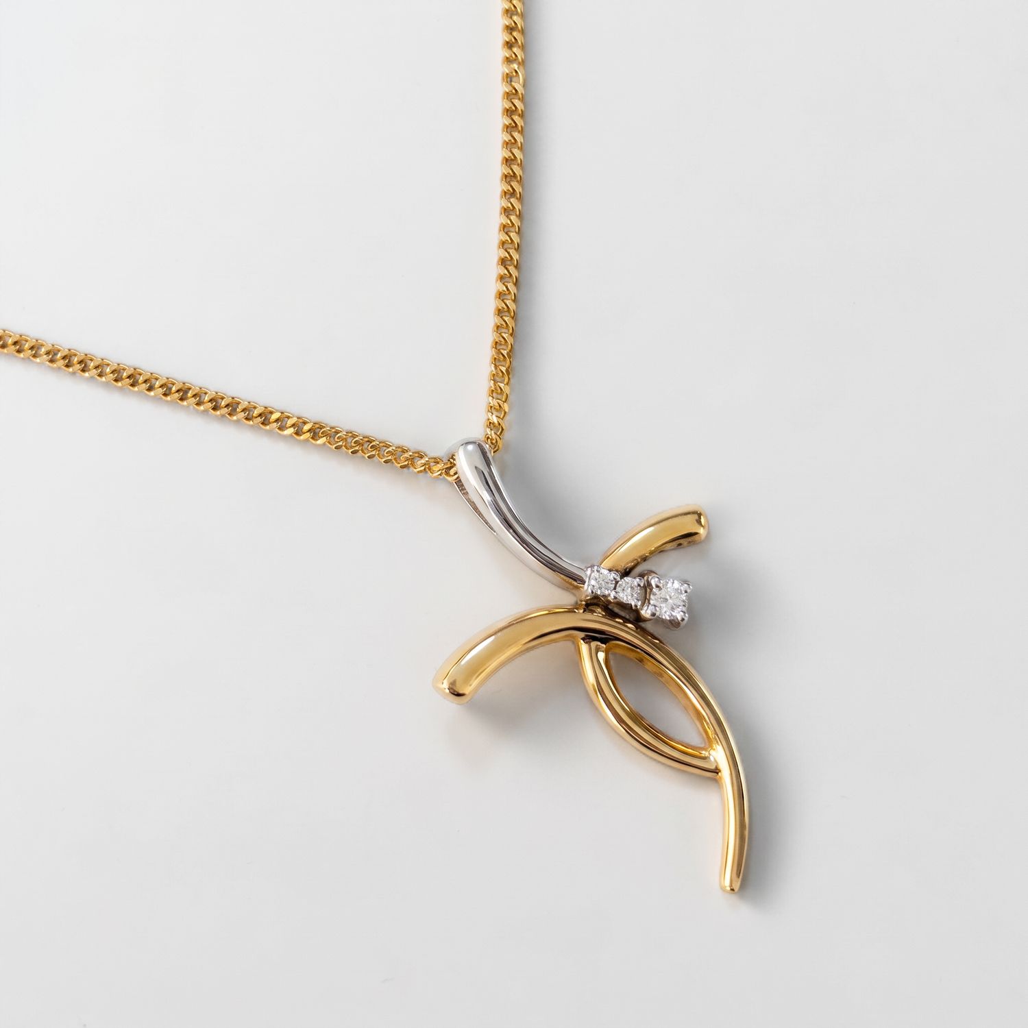14k 3-stone Diamond Cross with Chain
