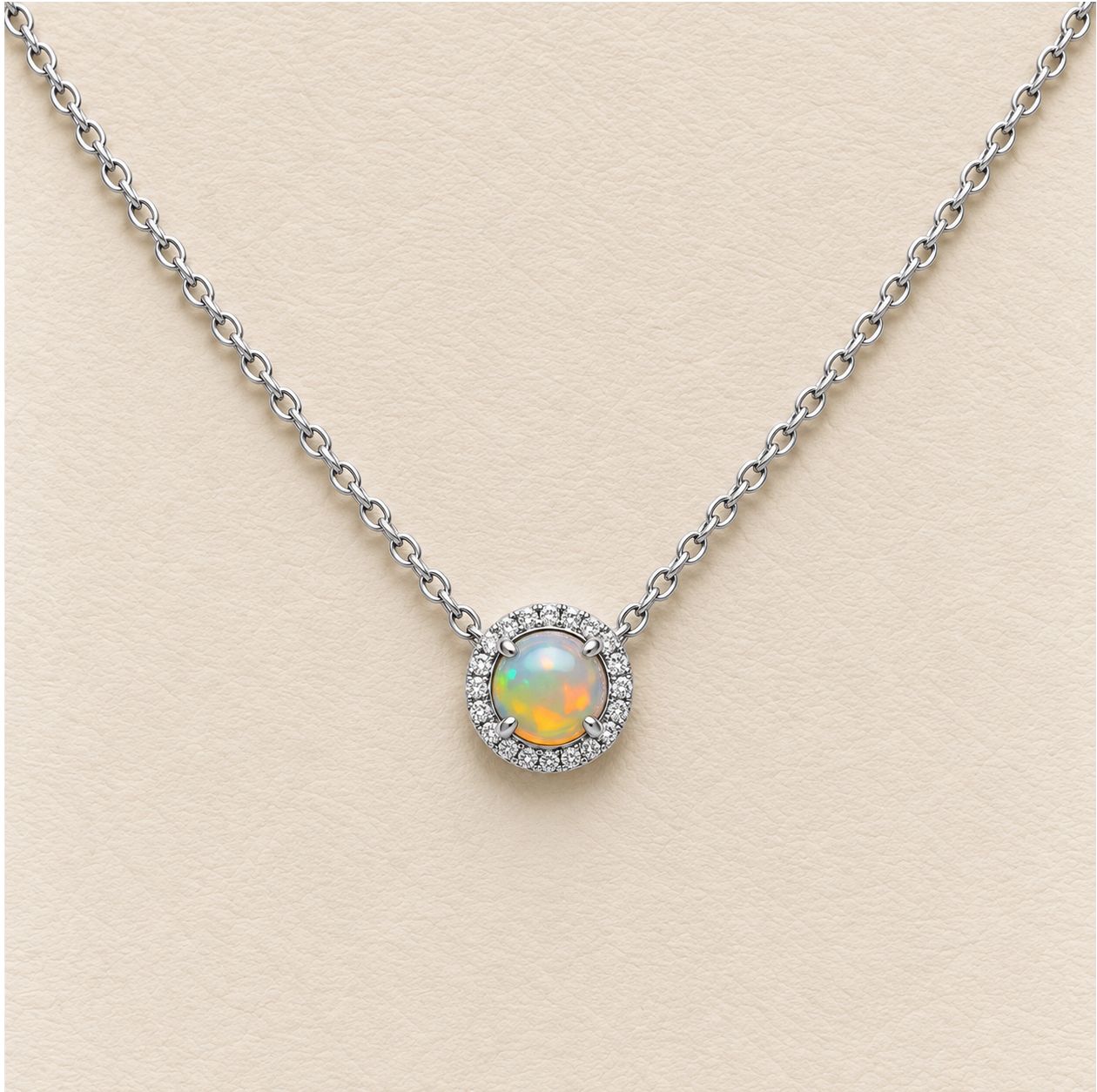 Opal Diamond Halo Necklace (October)