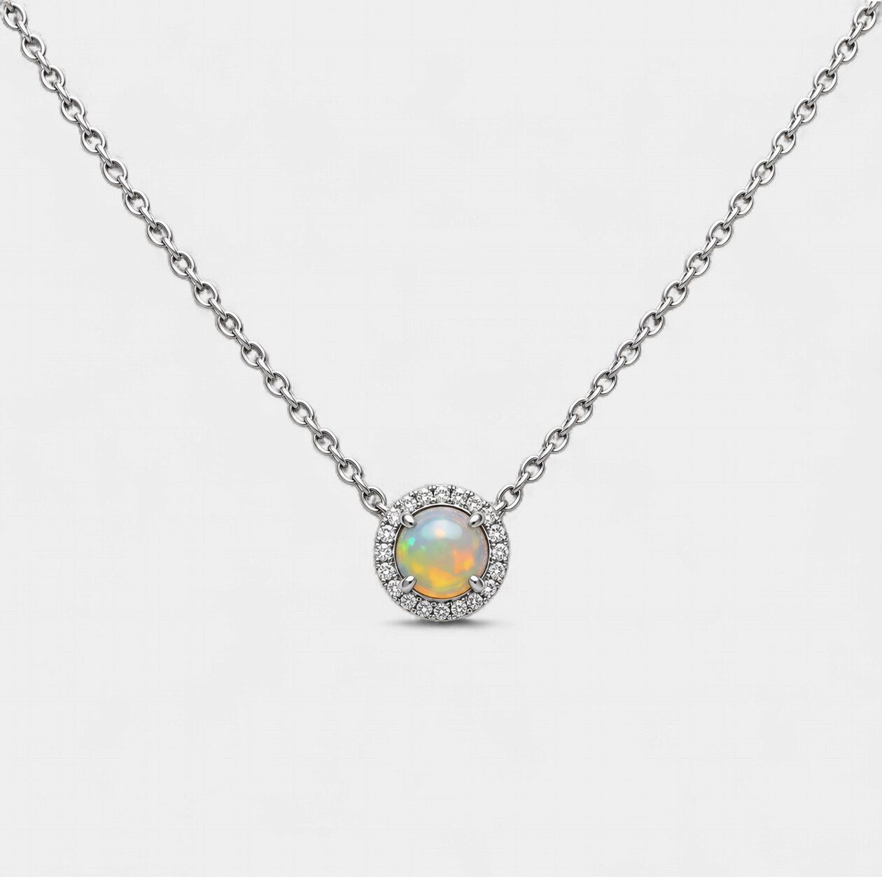 Opal Diamond Halo Necklace (October)