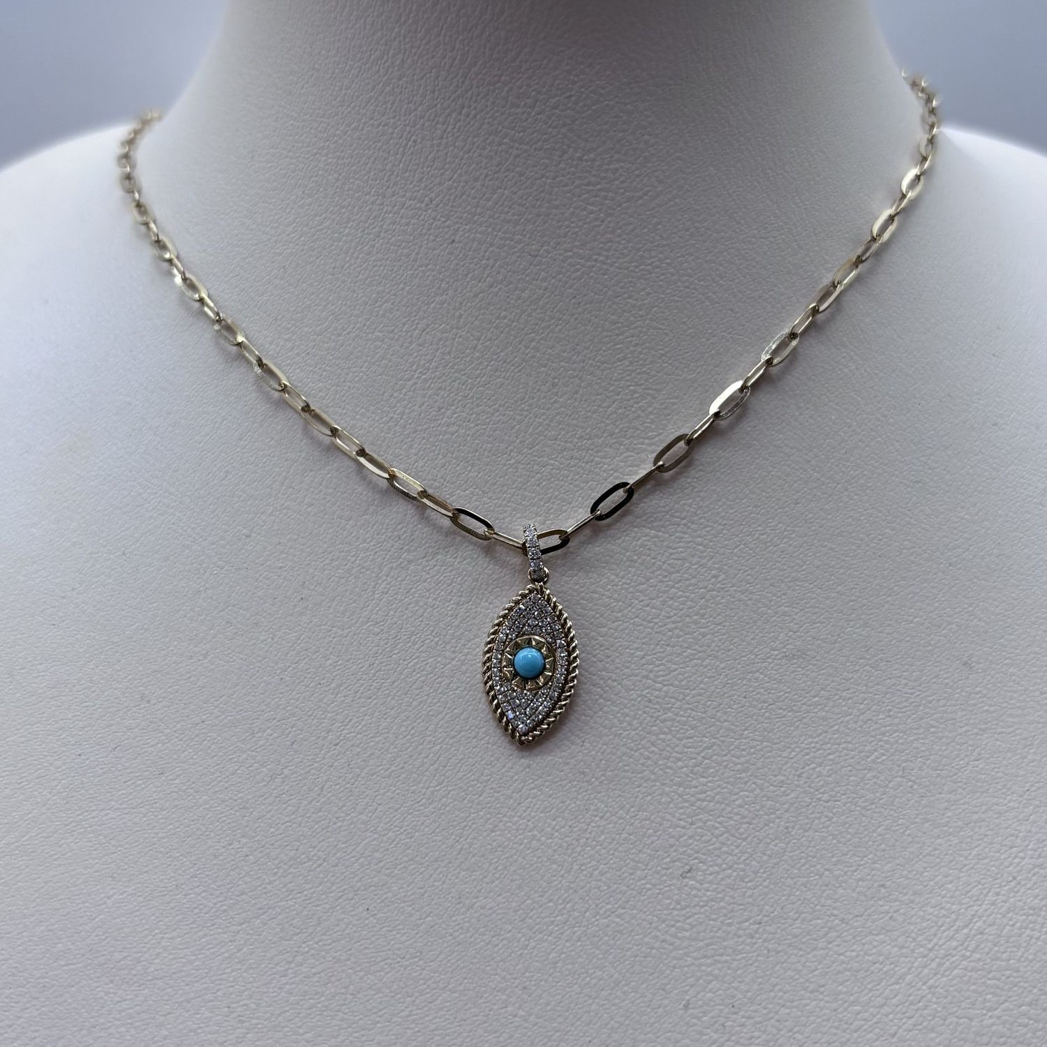 Vertical Turquoise &amp; Diamond Evil Eye Pendant Necklace Bassali