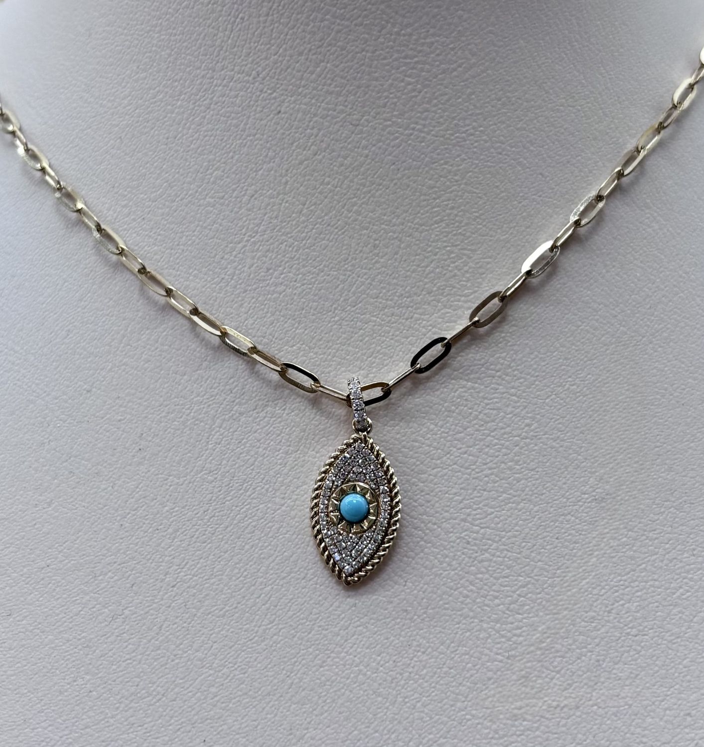 14KY Vertical Turquoise &amp; Diamond Evil Eye Pendant