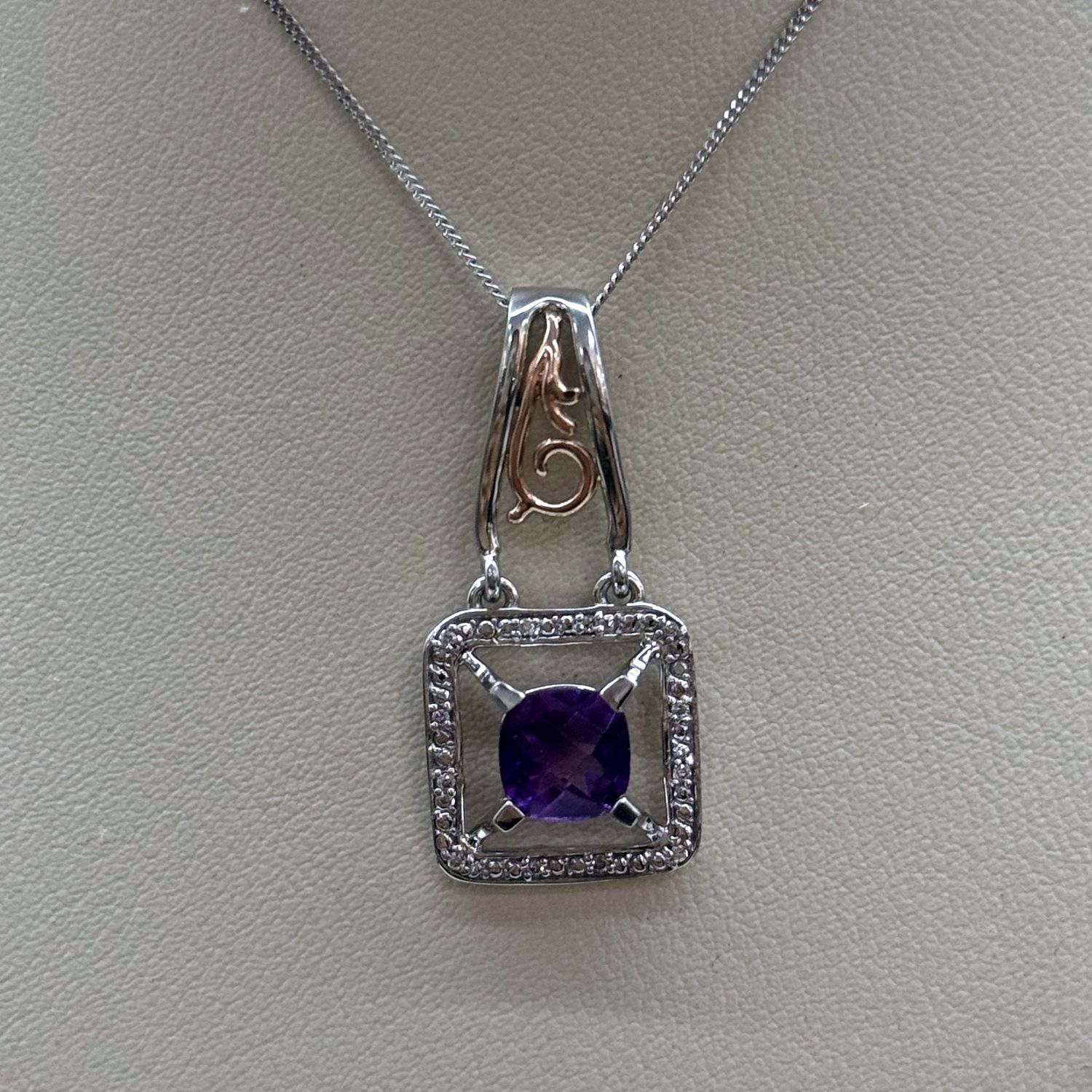 10KWR Amethyst/Diamond Square Pendant