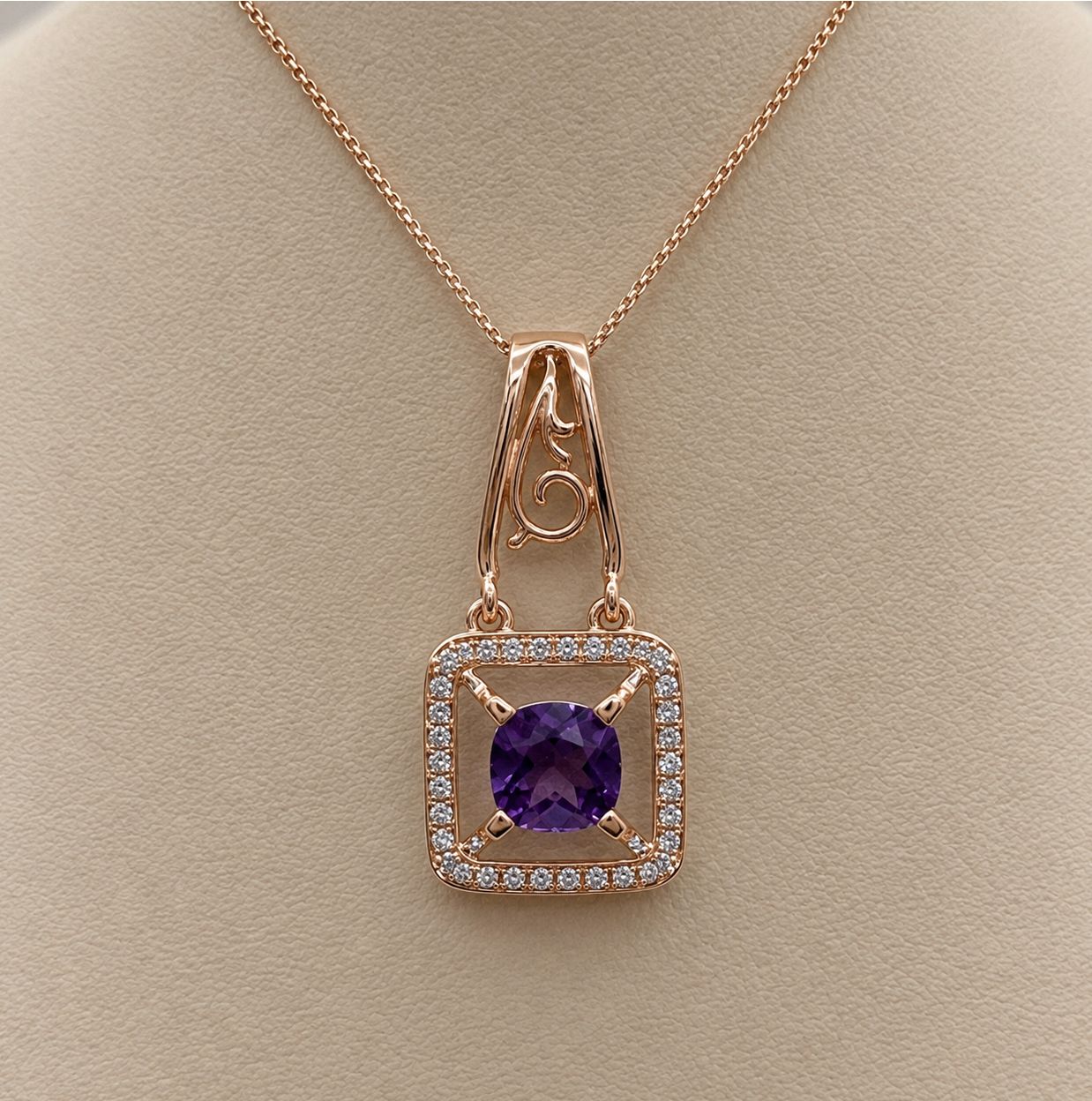 Amethyst Diamond Halo Square Pendant