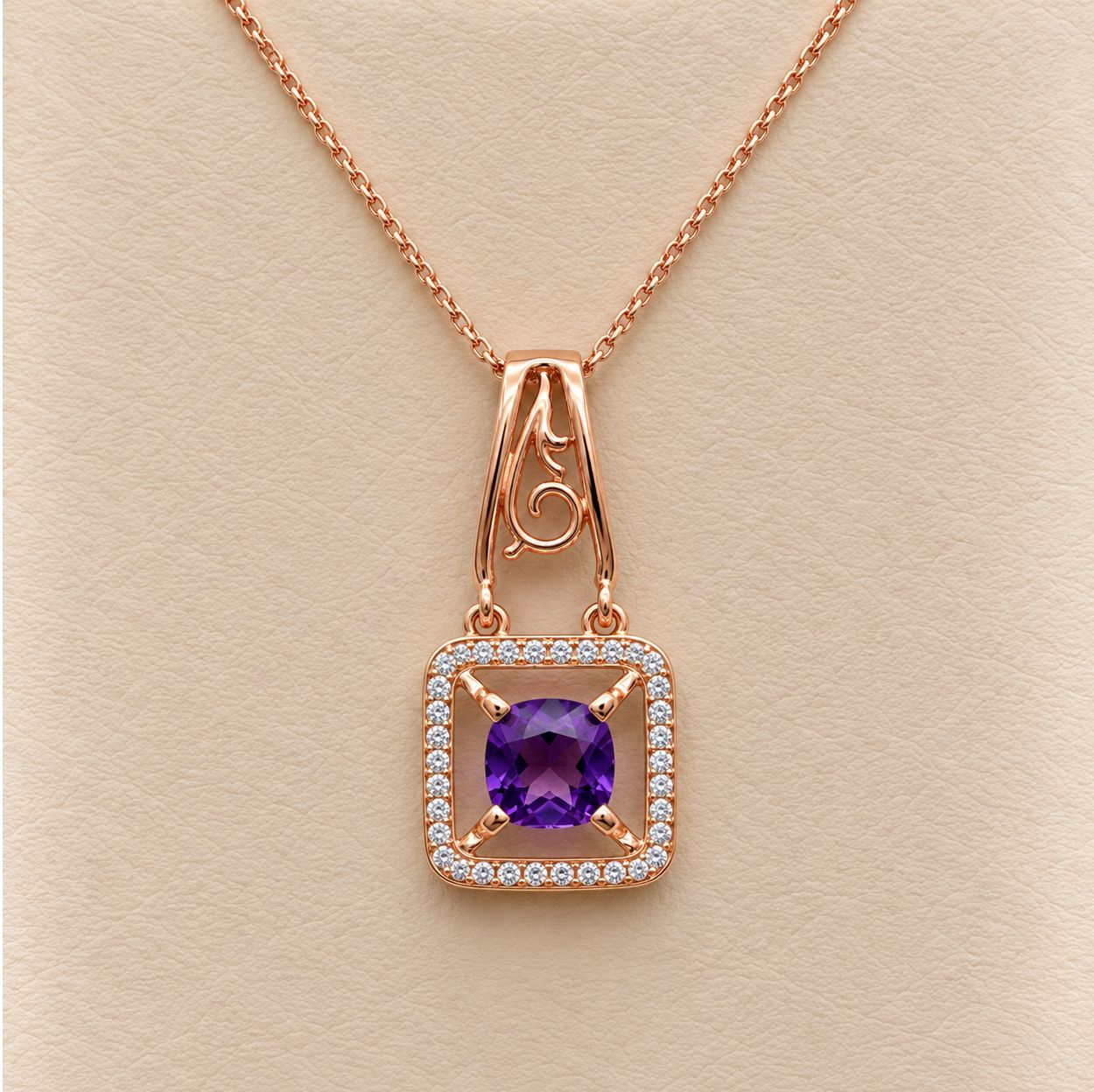 Amethyst Diamond Halo Square Pendant
