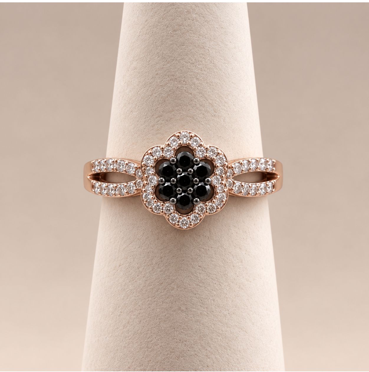 Black Flower Rose Gold Diamond Ring