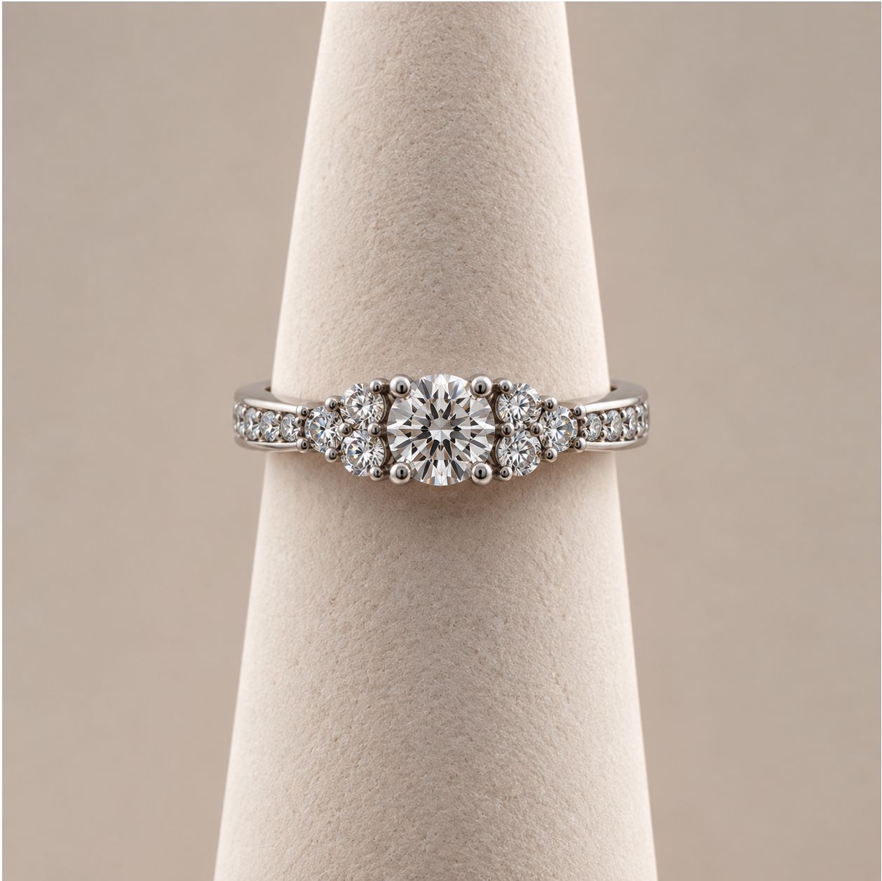Round Diamond Past Present Future Ring with Three-Stone Cluster Sides