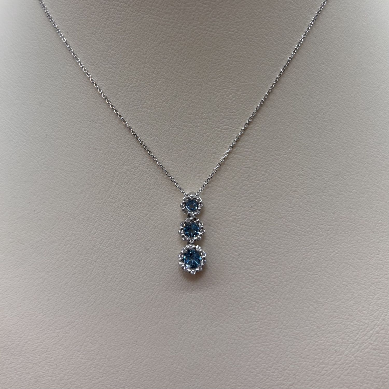 14KW 3-Stone Stacked Blue Topaz Diamond Pendant