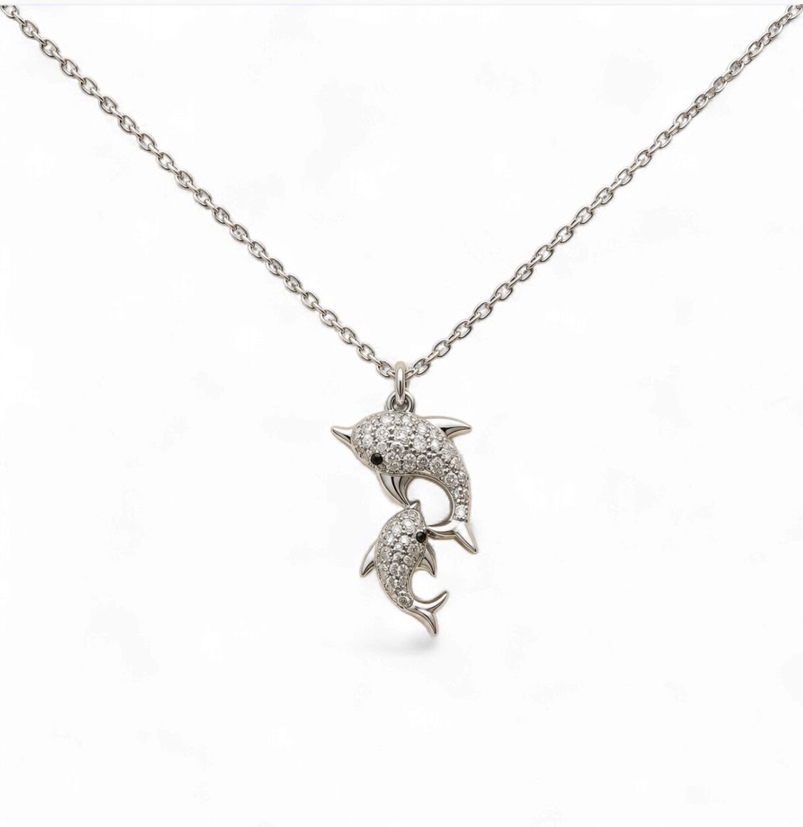 Dolphin Mother Child Duo Diamond Necklace