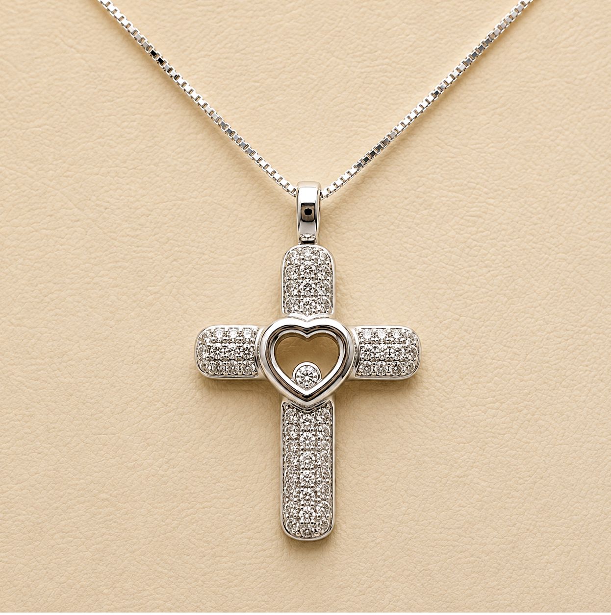Cross with Heart Center Diamond Necklace