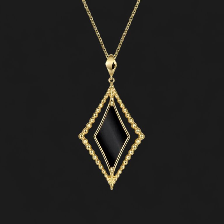 14K Yellow Gold Onyx Rhombus Pendant Necklace- Bujukan
