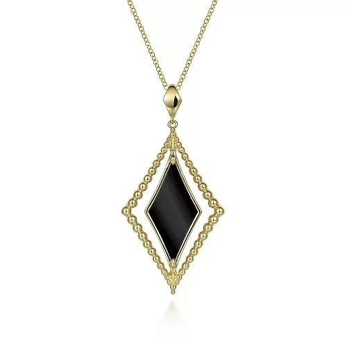 14K Yellow Gold Onyx Rhombus Pendant Necklace- Bujukan