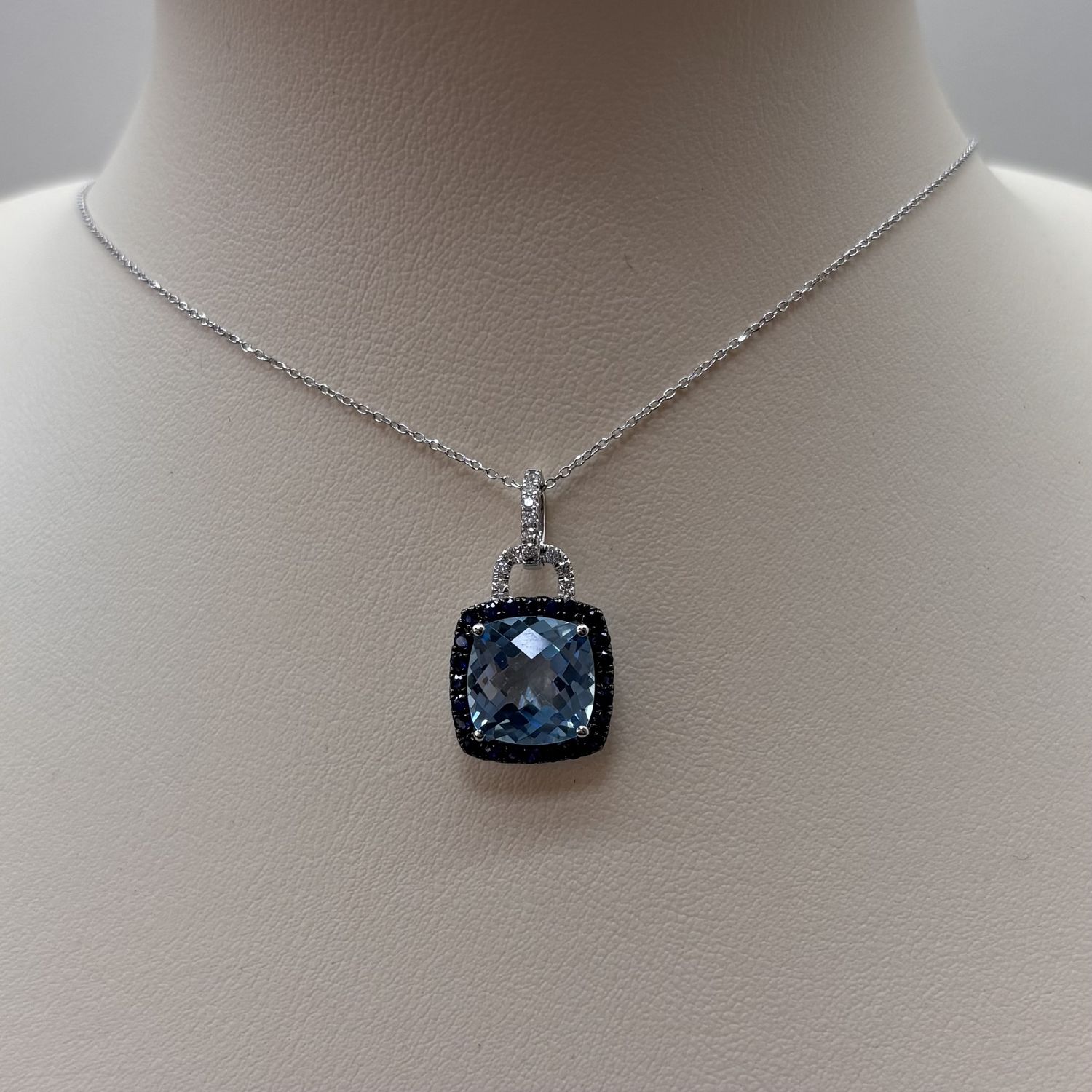 14KW Sky Blue Topaz w/ Black Diamond Necklace