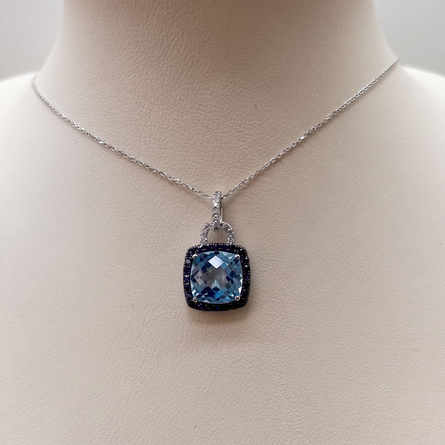 14KW Sky Blue Topaz w/ Black Diamond Necklace