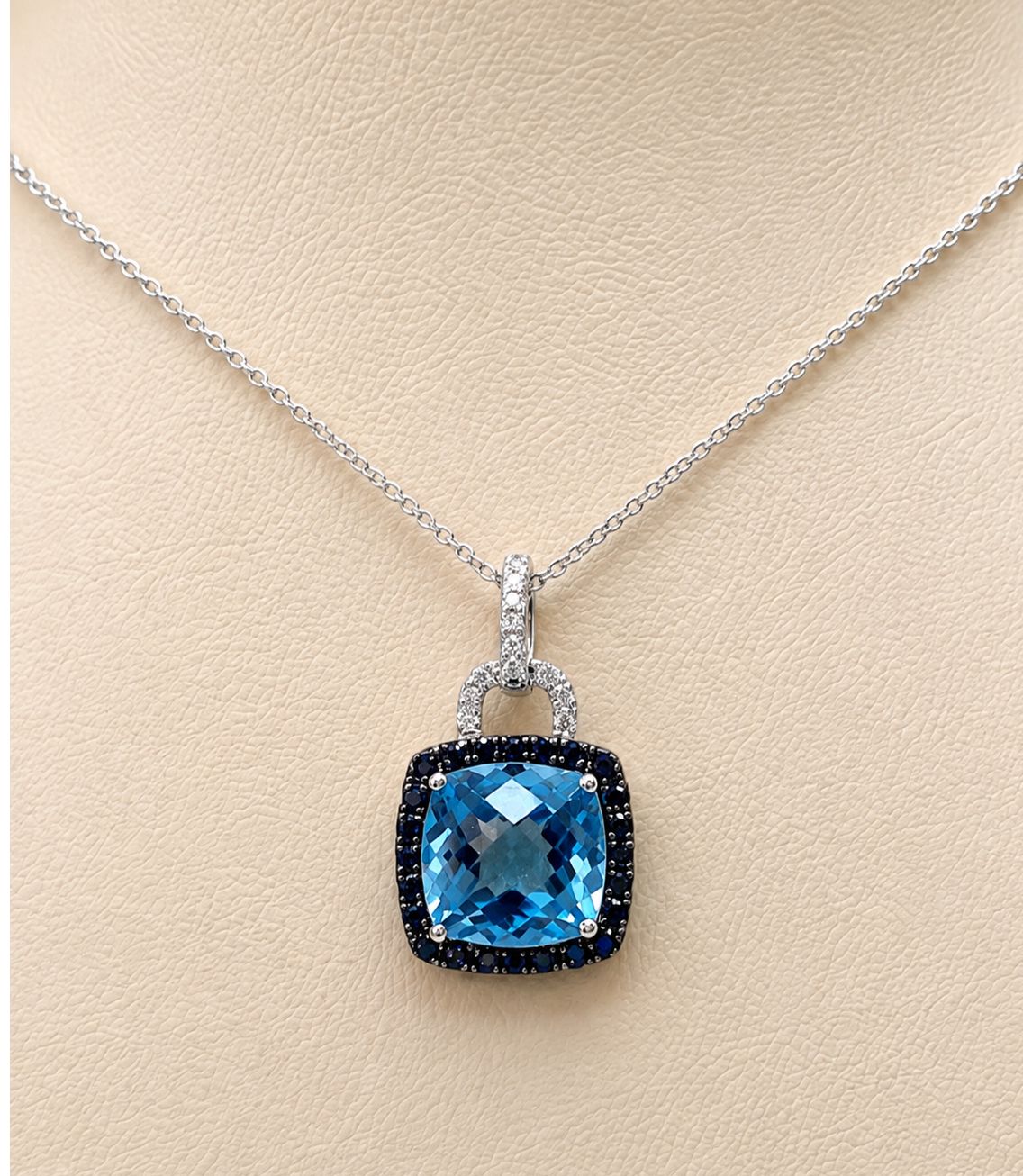 Cushion Cut Sky Blue Topaz with Diamond Halo Pendant