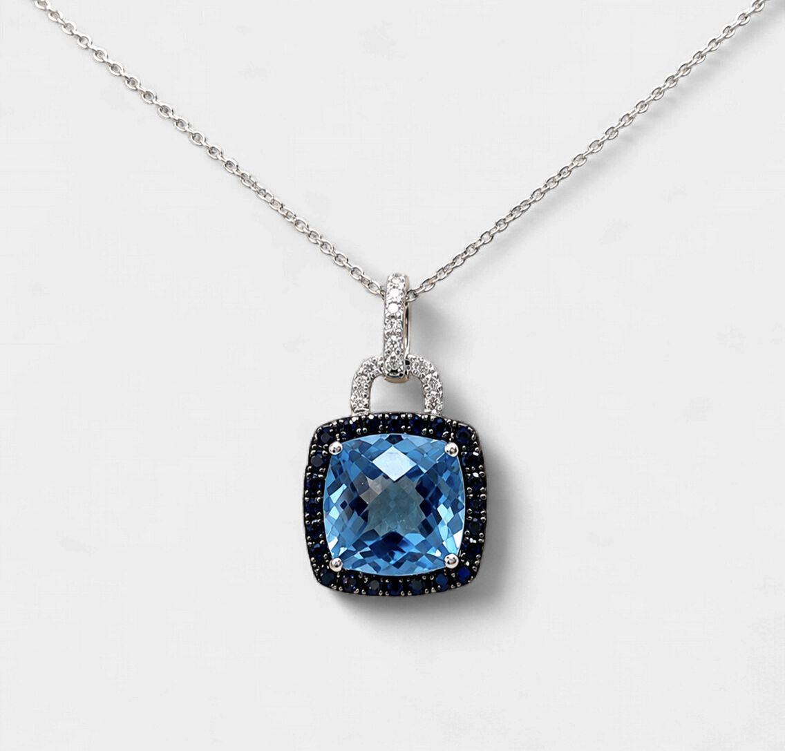 Sky Blue Topaz Cushion Cut Diamond Halo Pendant