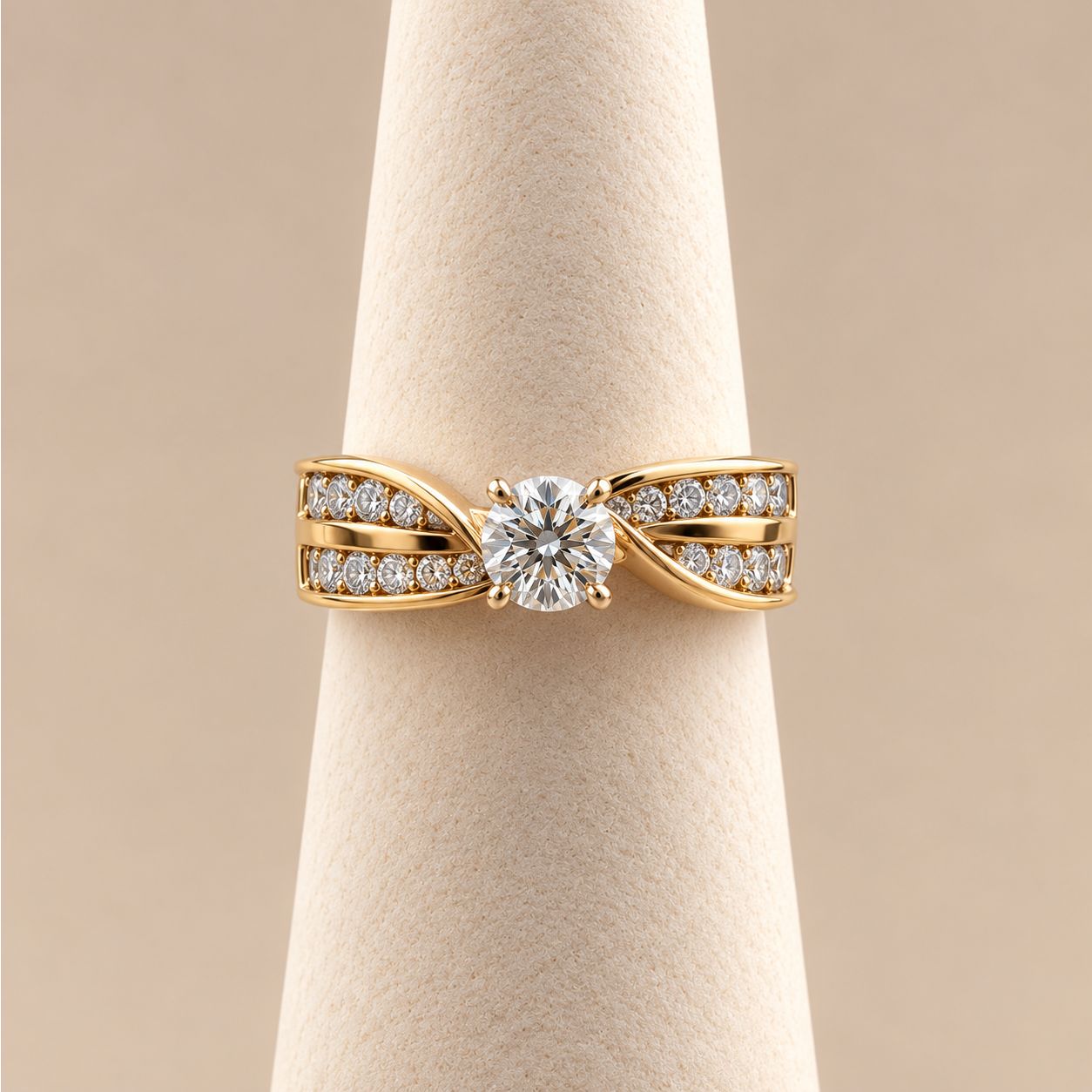 Classic Round Brilliant Diamond Ring with Yellow Gold Twisted Pavé Shank