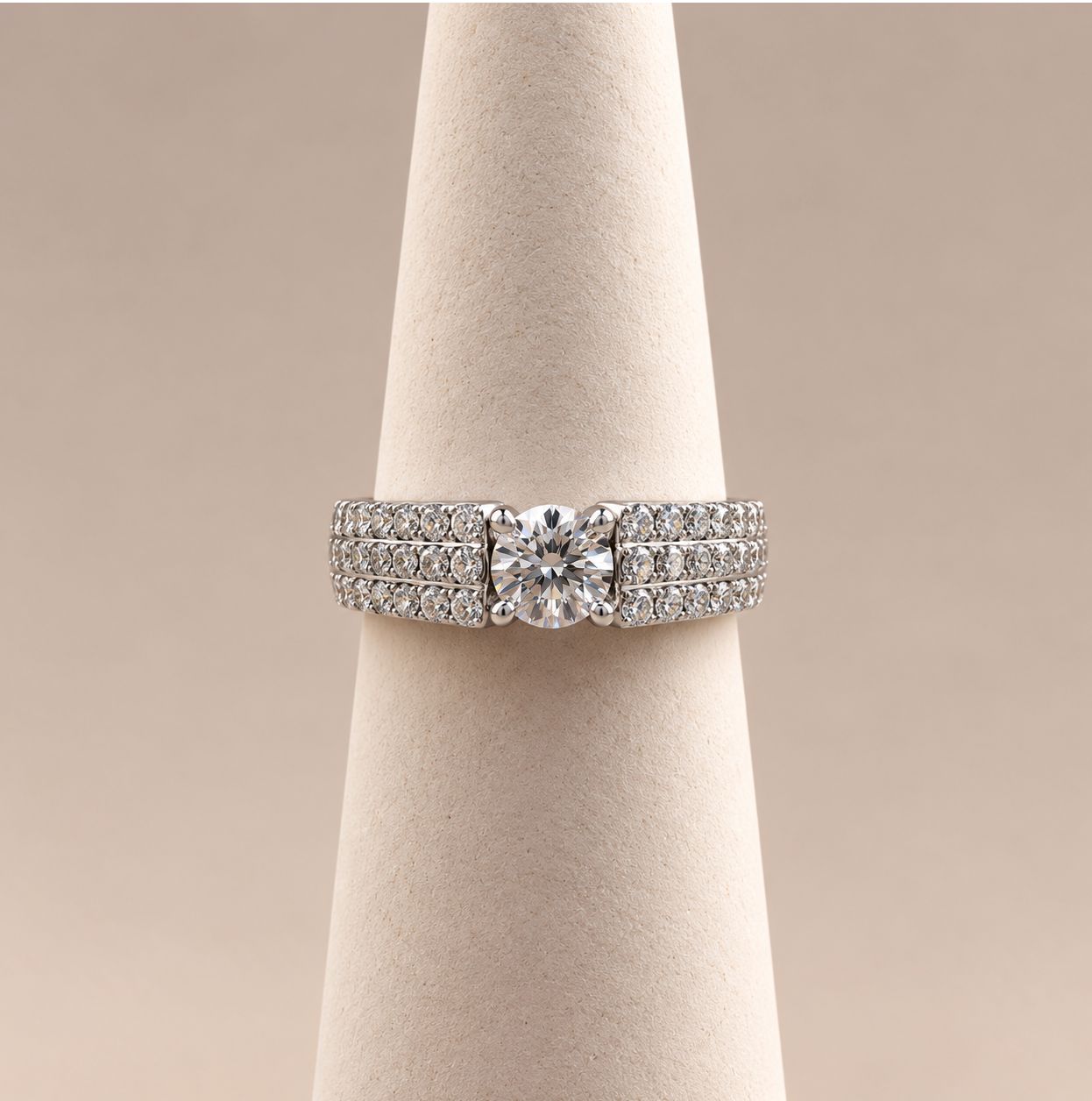 "Sandy" Round Center Stone with Three Row Diamond Band