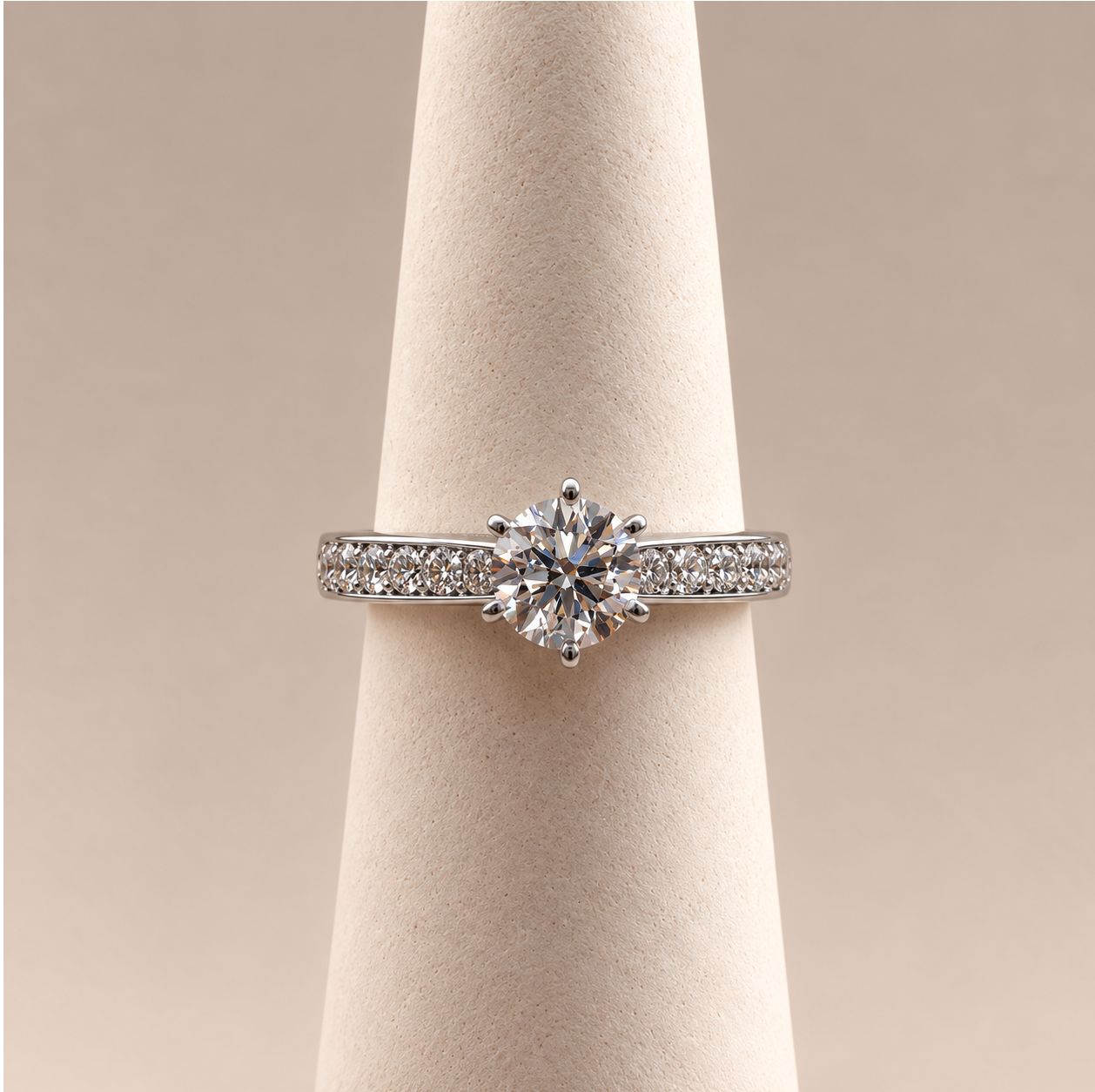 "Vivian" Classic Six-Prong Round Diamond Ring with Pavé Band