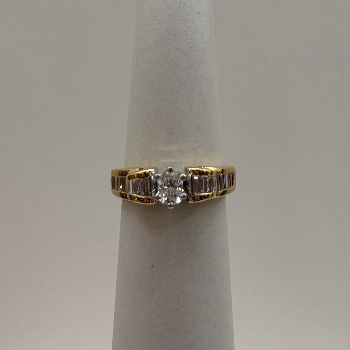 18KY "Genevieve " Cushion Cut w/ Baguette Sides Diamond Ring