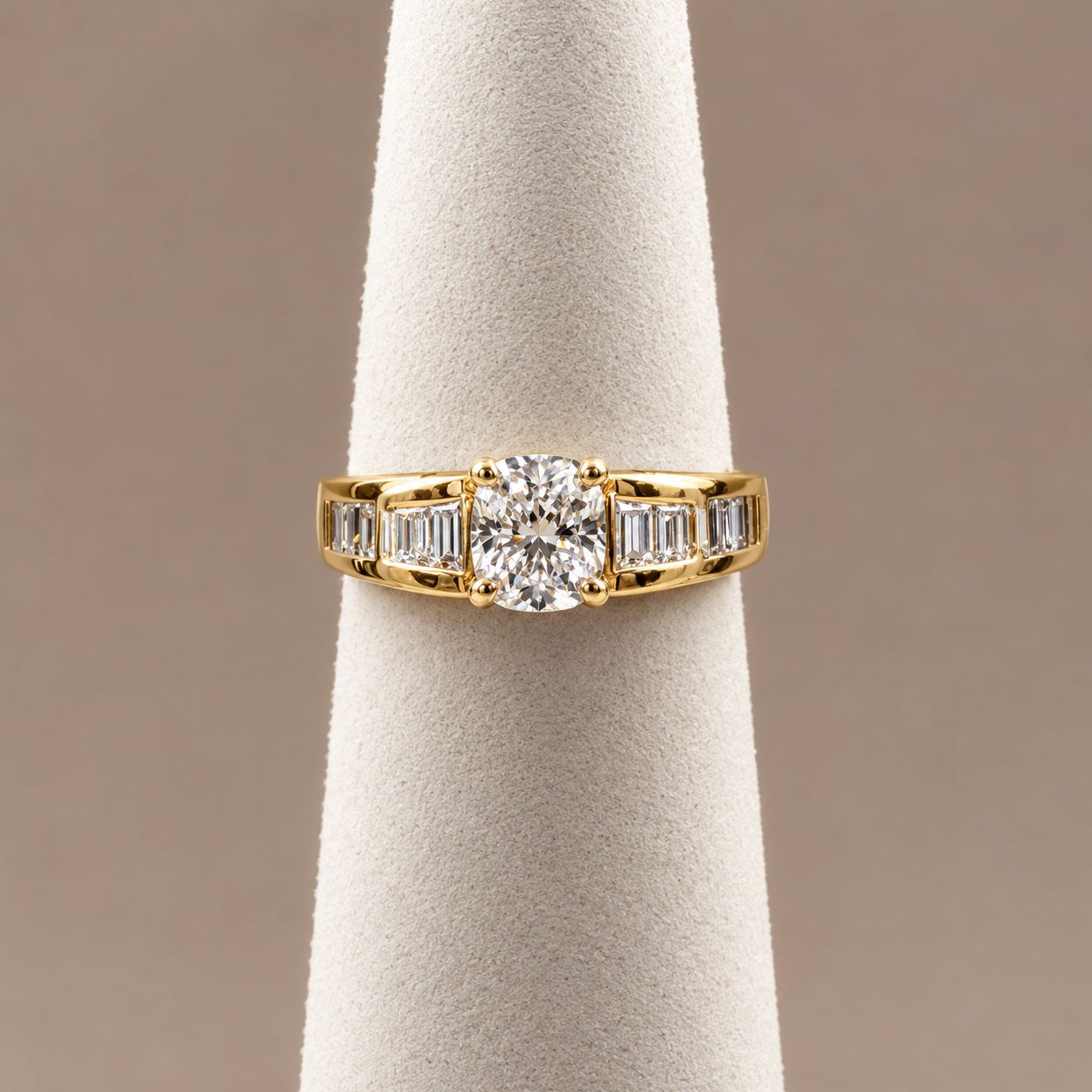 "Genevieve " Cushion Cut w/ Baguette Sides Diamond Ring