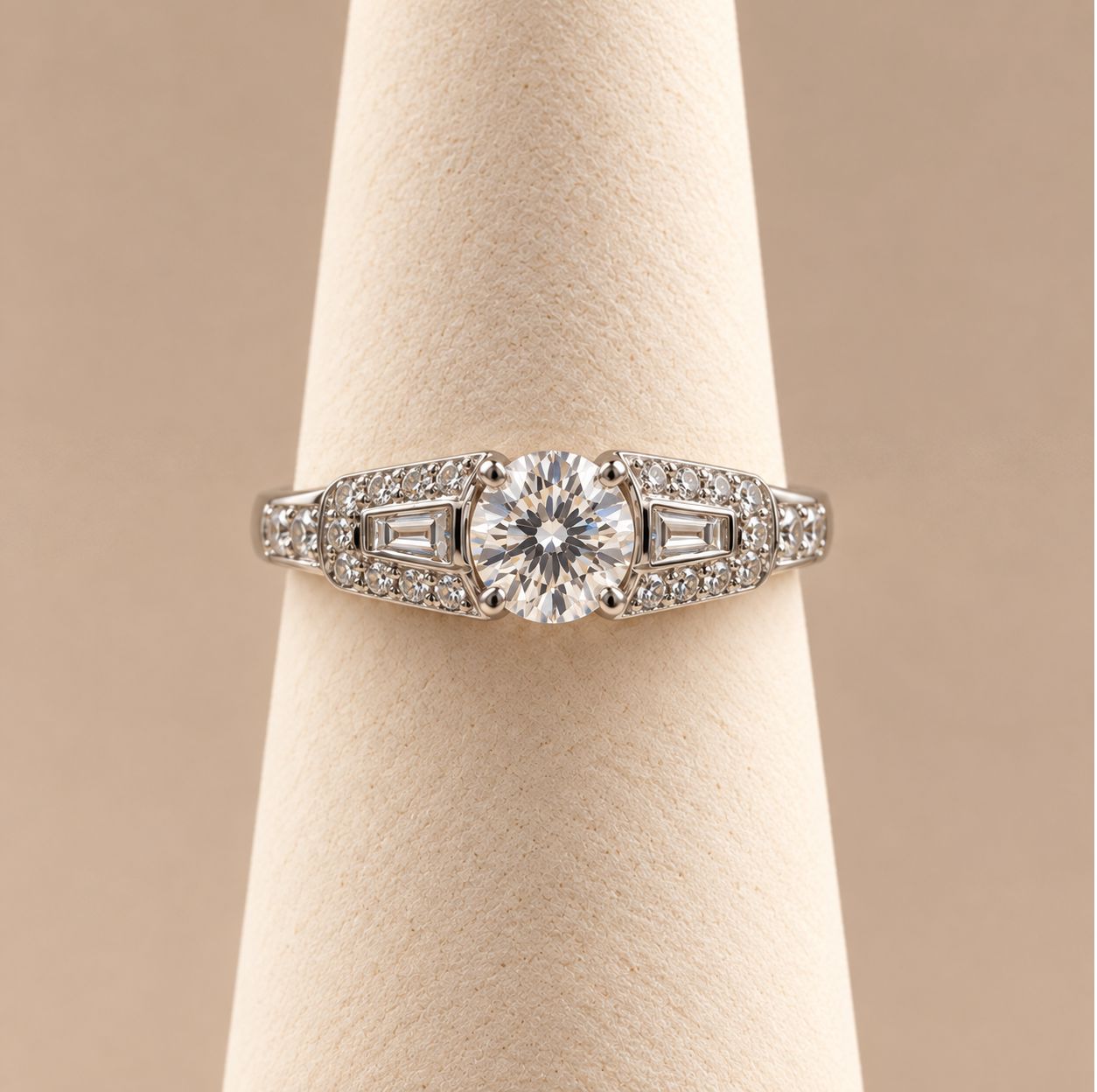 Flush Round Diamond Engagement Ring w/ Side Stones