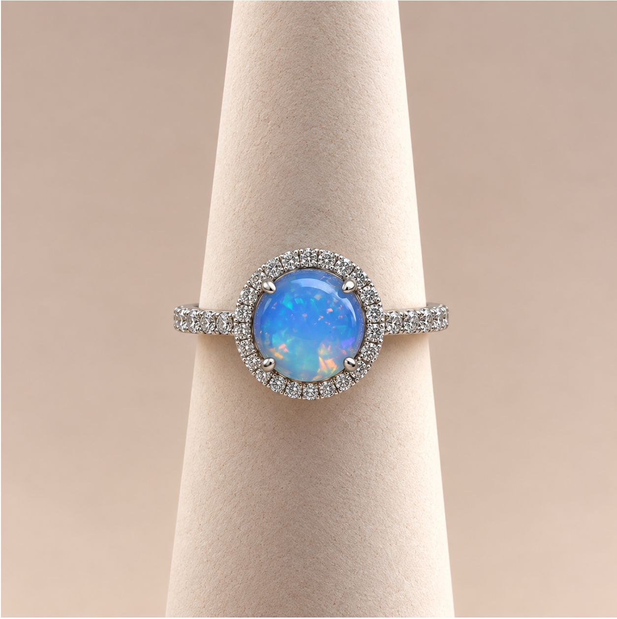 White Gold Round Opal Diamond Halo Ring