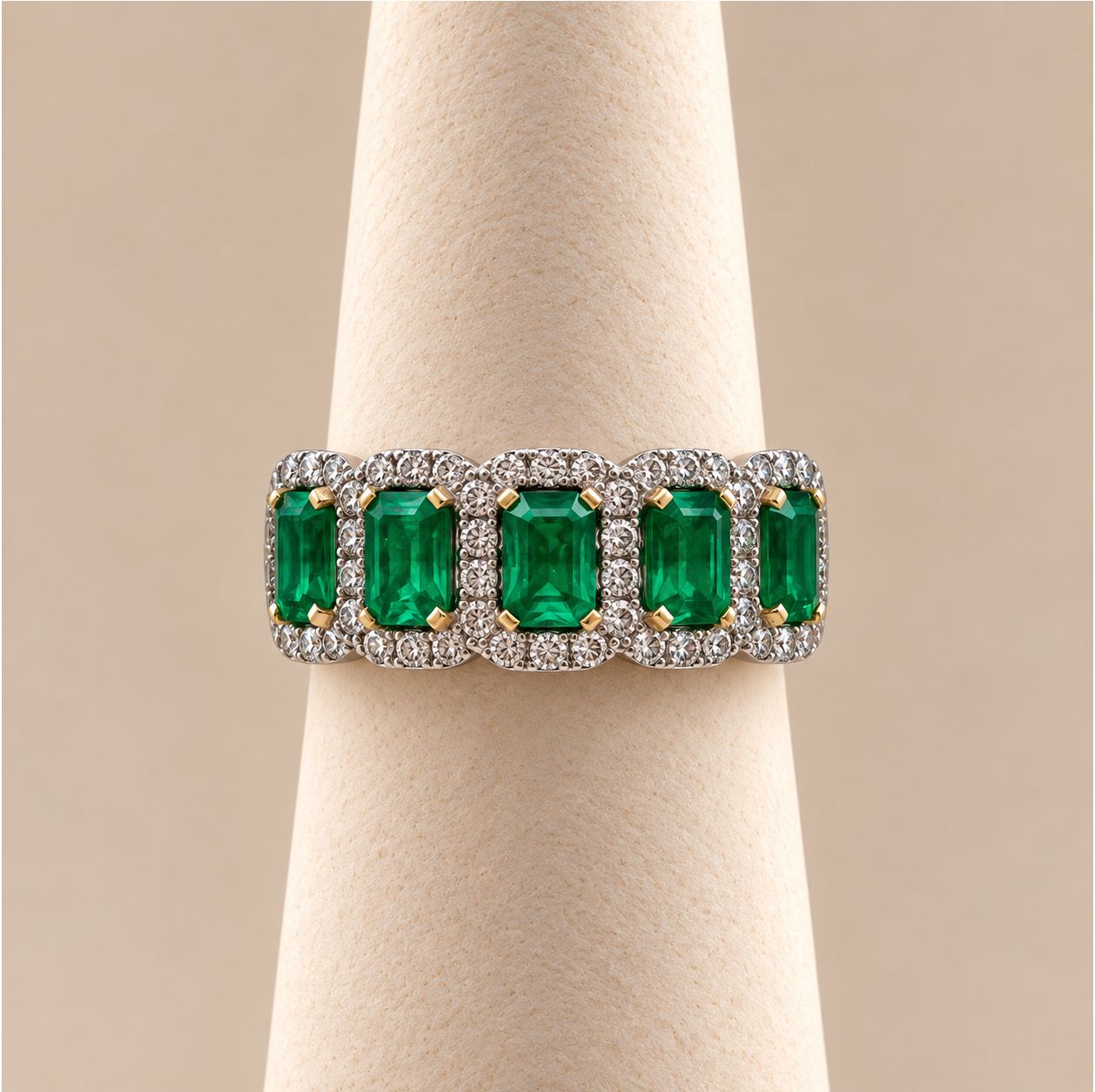 Gold Five-Stone Emerald Halo Diamond Band (6.5g)