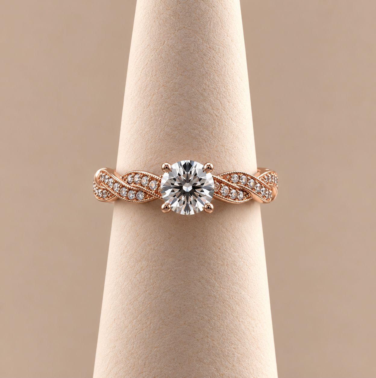 Rose Gold Twisted Pavé Diamond Solitaire Ring