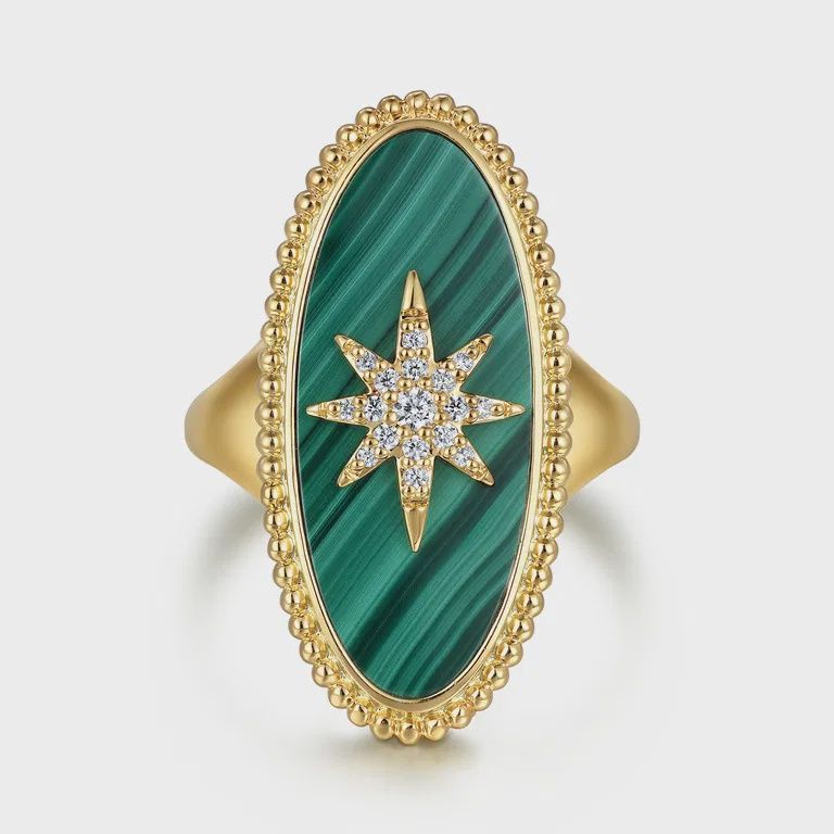 14K Yellow Gold Bujukan Elongated Oval Malachite Inlay Starburst Signet Ring