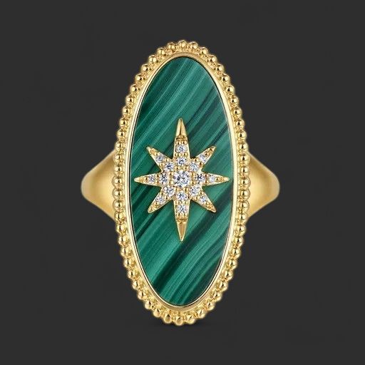 14K Yellow Gold Elongated Oval Malachite Inlay Starburst Signet Ring-Bujukan