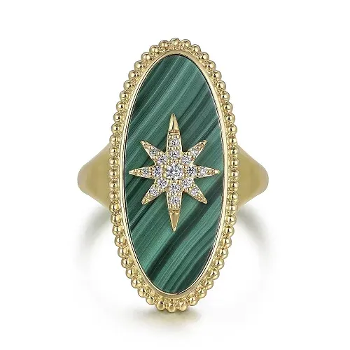 14K Yellow Gold Elongated Oval Malachite Inlay Starburst Signet Ring-Bujukan