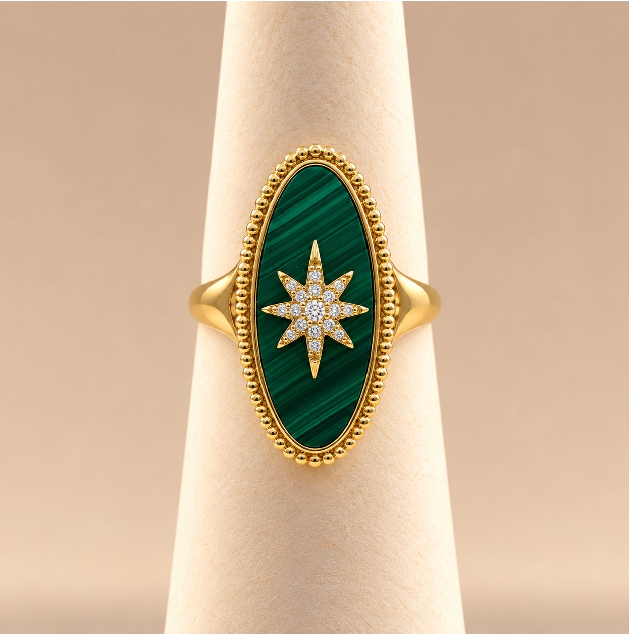 Elongated Oval Malachite Inlay Starburst Signet Ring-Bujukan