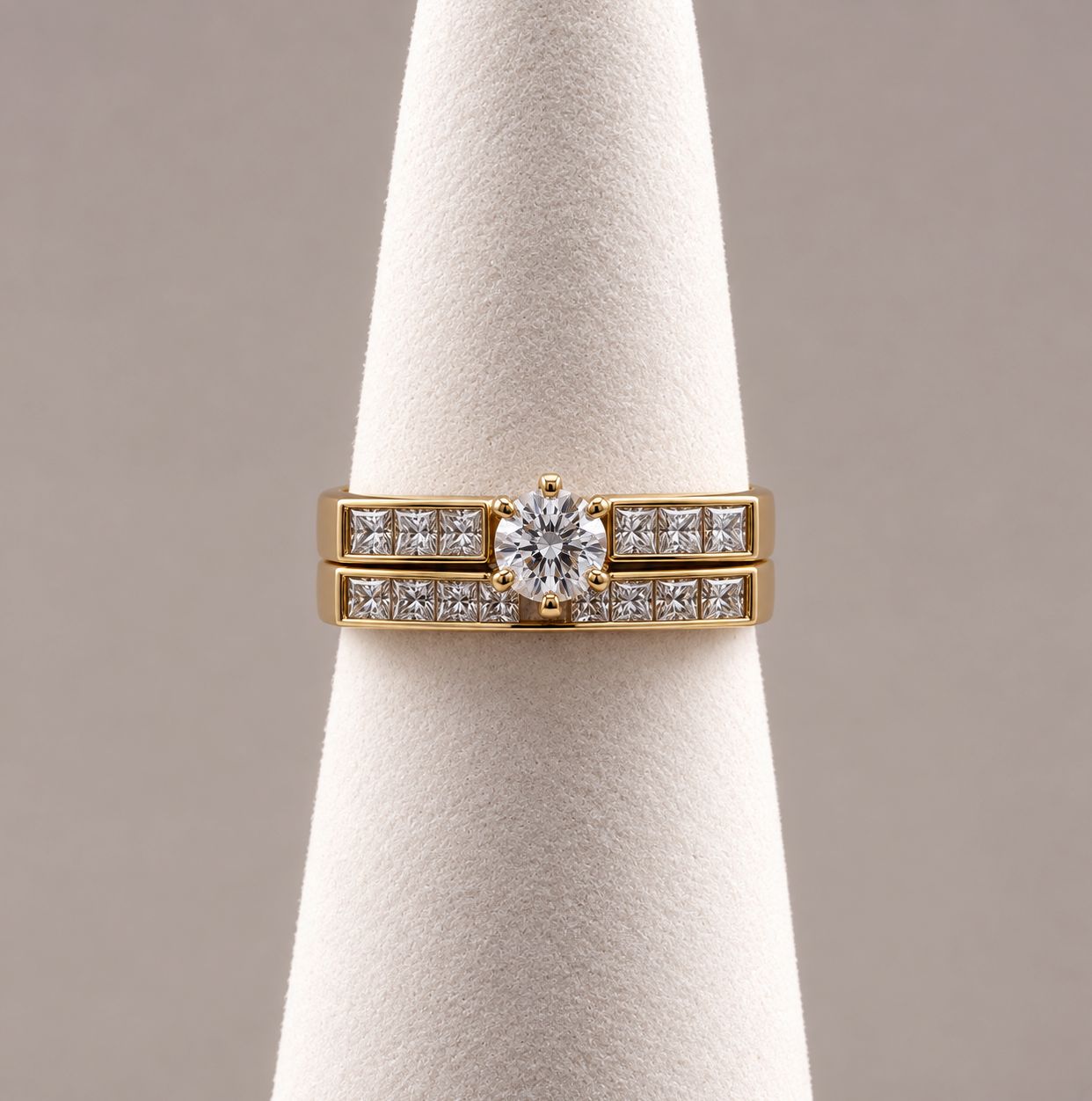 Gold Square Shaped Bridal Set with Round Center and Princess Cut Sides
