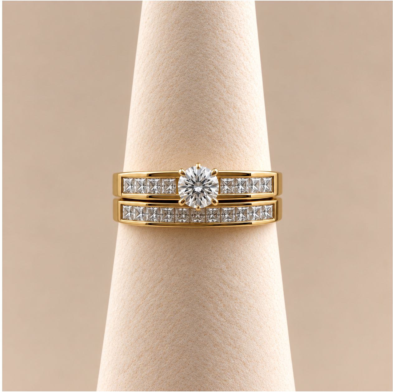 Gold Square Bridal Set with Round Center and Princess Cut Sides