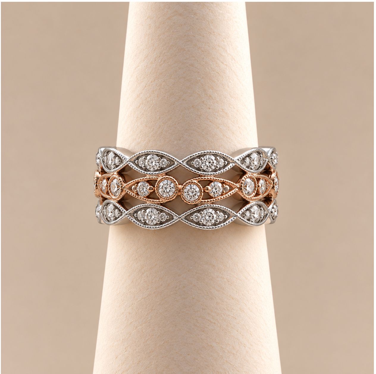 Rose and White Gold Three-Row Lattice Diamond Ring