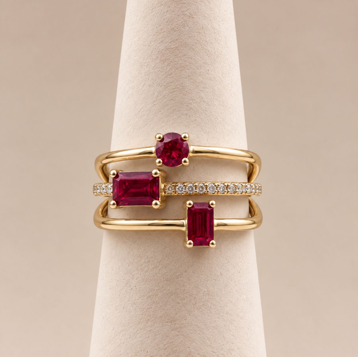 Stacked Gold  3-Stone Ruby Diamond Ring (3.6g)
