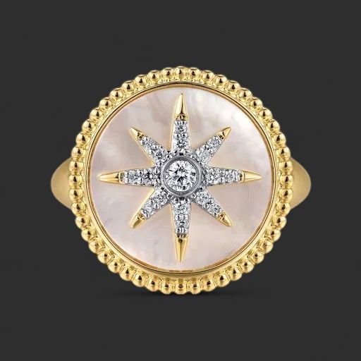 14K Yellow Gold Mother of Pearl Inlay and Diamond Starburst Signet Ring
