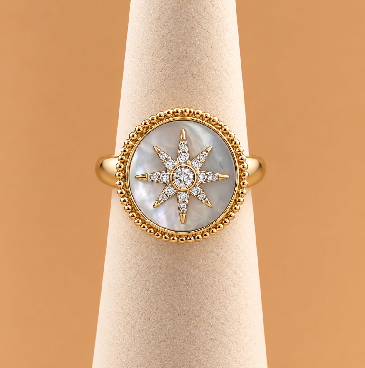 Mother of Pearl Inlay and Diamond Starburst Signet Ring