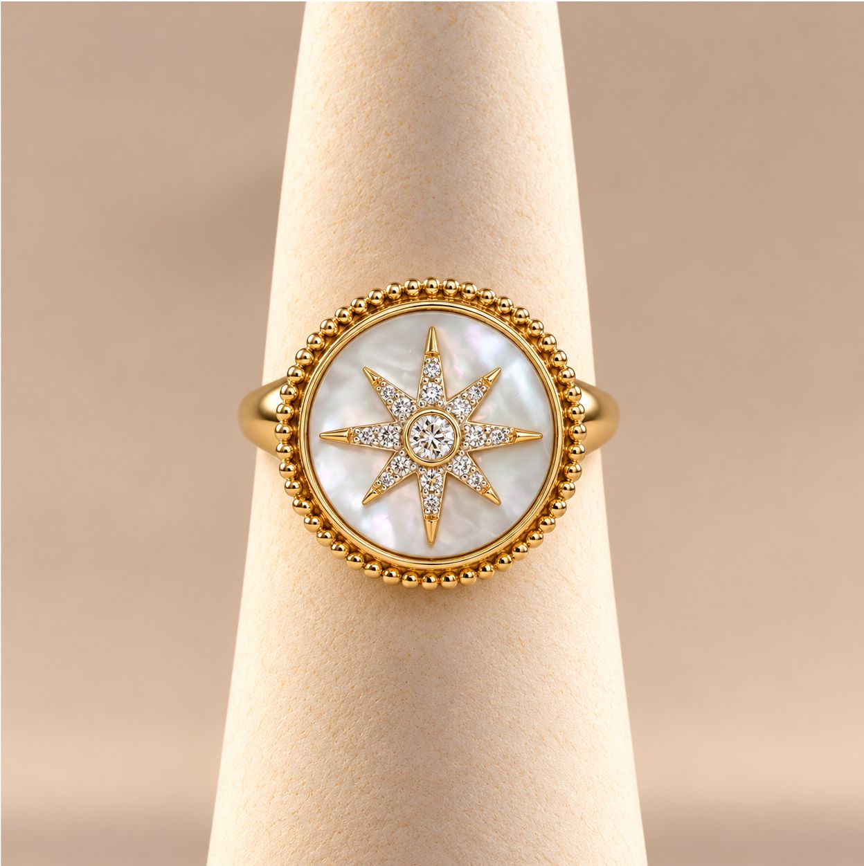 Mother of Pearl Inlay and Diamond Starburst Signet Ring-Bujukan