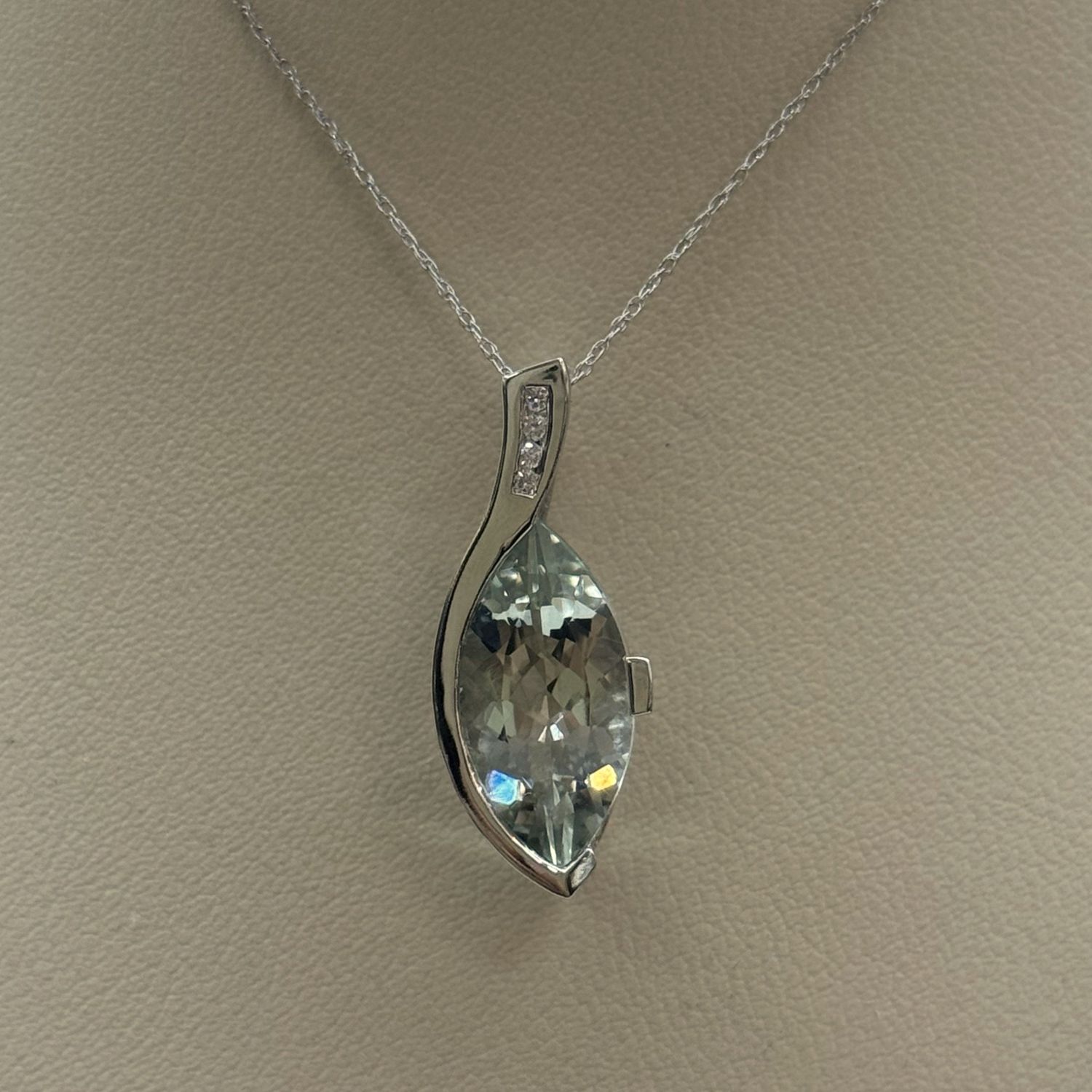 14KW Green Amethyst &amp; Diamond Marquis Oval Pendant