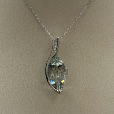 14KW Green Amethyst &amp; Diamond Marquis Oval Pendant