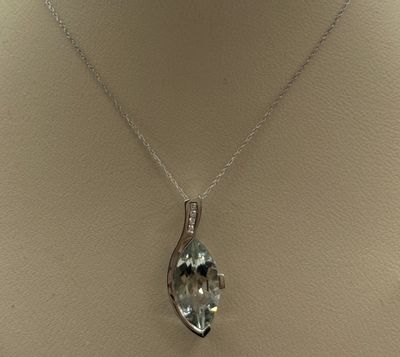 14KW Green Amethyst &amp; Diamond Marquis Oval Pendant