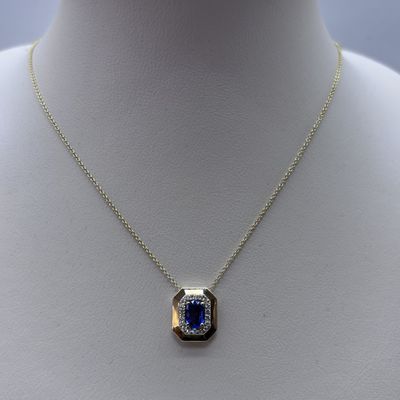 18KY Octagon-Shaped Blue Sapphire Stone w/ Diamond Halo Necklace David Kord