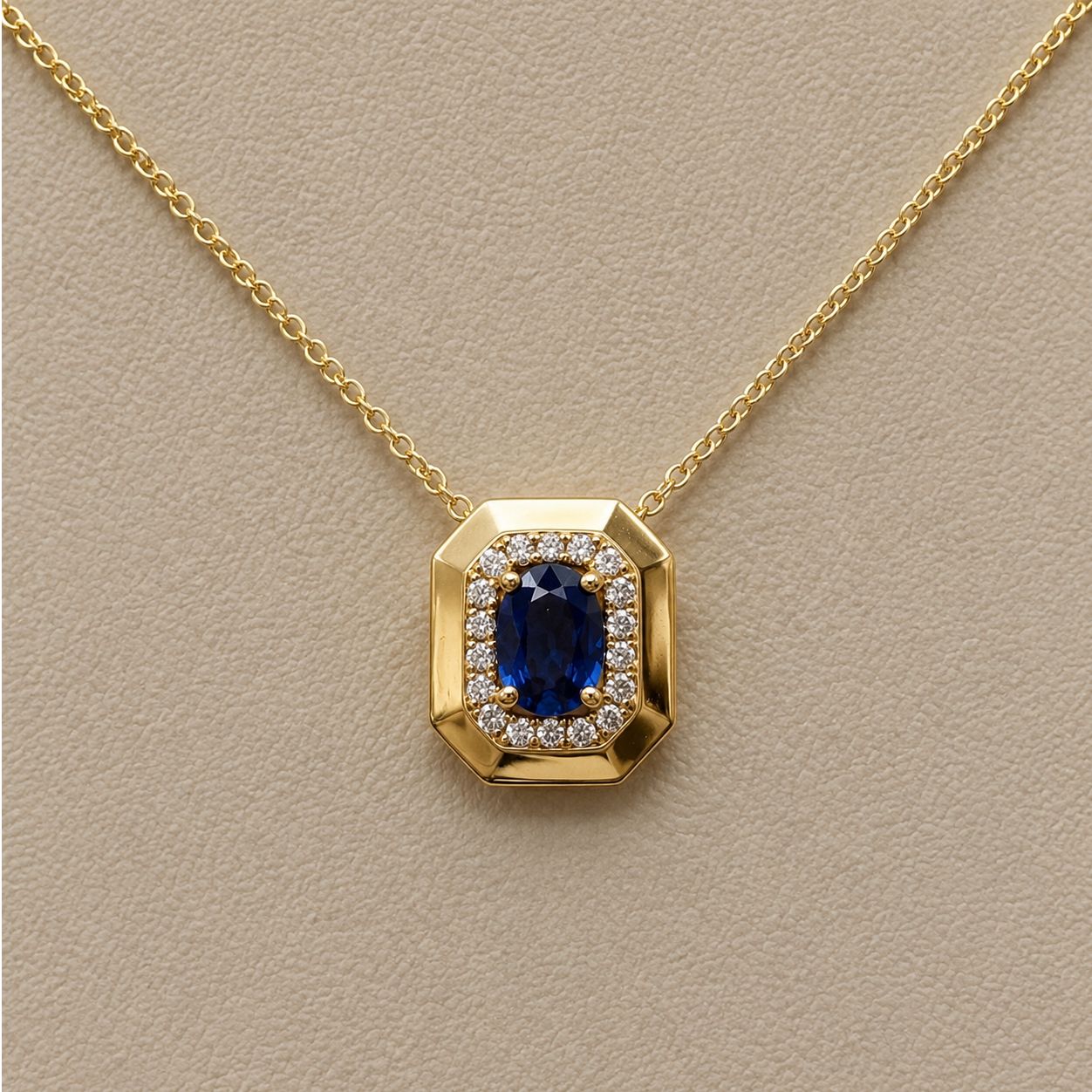 Gold Frame Sapphire Diamond Halo Octagon Pendant
