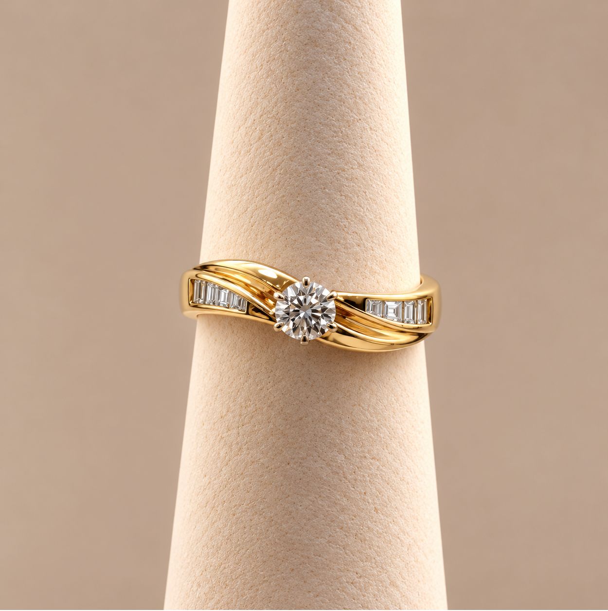 Round Diamond Center with Baguette Swirl Gold Ring
